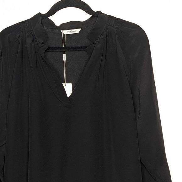 Tucker Long Sleeve Polo Blouse Black in Crepe de Chine Silk Top - Picture 2 of 7